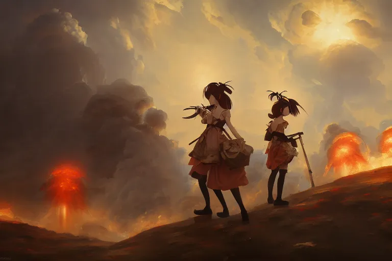 Prompt: baroque oil painting of anime key visual concept art of anime maids using artillery firing at enemy lines, smoke debris, grimdark steampunk fantasy, pleasant battlefield, trending on artstation, brush strokes, oil on canvas, style of makoto shinkai and greg rutkowski and studio ghibli