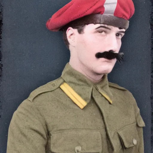 Prompt: Luigi as a world war I soldier, photograph, colorized, damaged