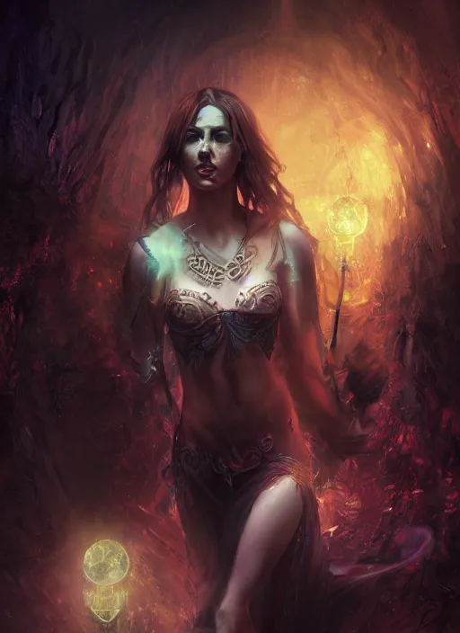 Image similar to celtic lunar goddess, vivid colors, dark shadows, contrast, concept art, sharp focus, digital art, Hyper-realistic, 4K, Unreal Engine, Highly Detailed, Dramatic Lighting, Beautiful, by bastien lecouffe-deharme