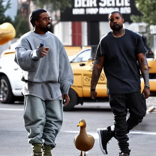 Image similar to a paparazzi photo of kanye west walking next to a giant duck