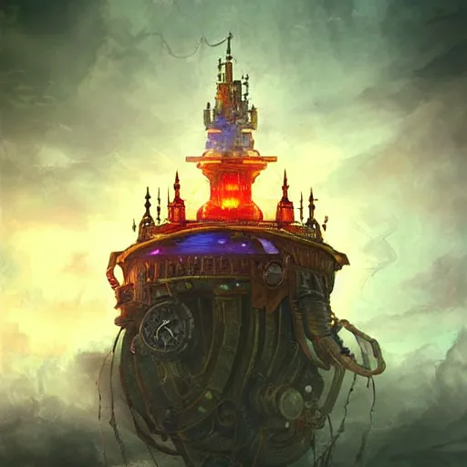 Image similar to Huge flying castle, steampunk digital art, dramatic lightning, trending on artstation, epic composition