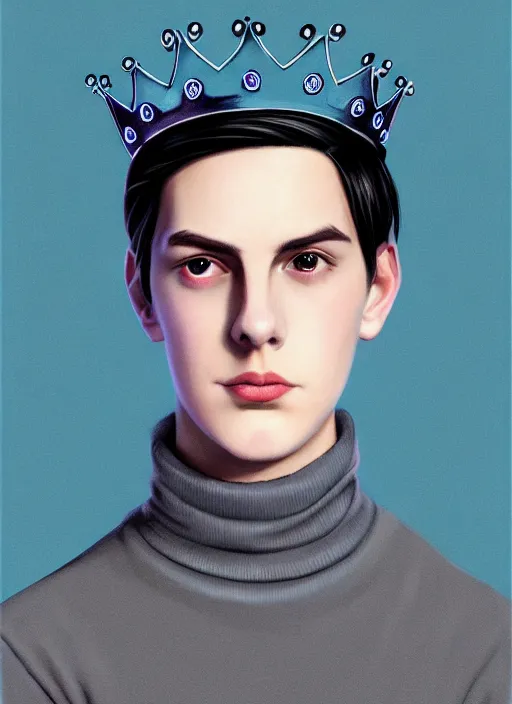 Image similar to portrait of teenage jughead jones wearing a light grey crown, crown, blue turtleneck, 1 9 5 0 s, closed eyes, photorealistic, black hair, glowing lighting, intricate, elegant, glowing lights, highly detailed, digital painting, artstation, concept art, smooth, sharp focus, illustration, art by wlop, mars ravelo and greg rutkowski