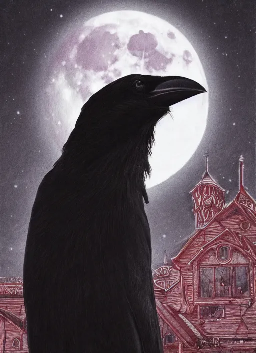 Image similar to portrait, A crow in front of the full big moon, book cover, red white and black colors, establishing shot, extremly high detail, foto realistic, cinematic lighting, pen and ink, intricate line drawings, by Yoshitaka Amano, Ruan Jia, Kentaro Miura, Artgerm, post processed, concept art, artstation, matte painting, style by eddie mendoza, raphael lacoste, alex ross