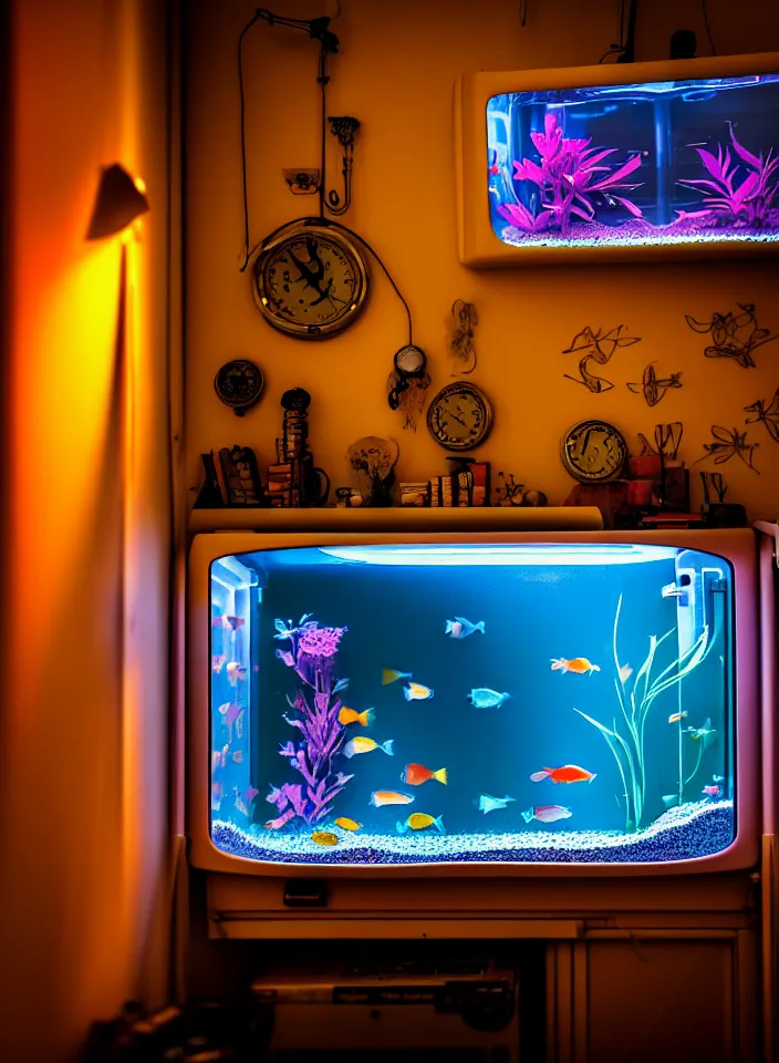 Image similar to telephoto 7 0 mm f / 2. 8 iso 2 0 0 photograph depicting the feeling of chrysalism in a cosy safe cluttered french sci - fi ( art nouveau ) cyberpunk apartment in a pastel dreamstate art cinema style. ( typing ) ( ( fish tank ) ), ambient light.