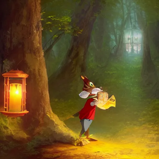 Prompt: concept art painting of an anthropomorphic luffy chipmunk wearing a yellow cloak, holding a lantern, in the deep forest, realistic, detailed, cel shaded, in the style of by isaac asimov and marc simonetti and makoto shinkai and greg rutkowski and james gurney