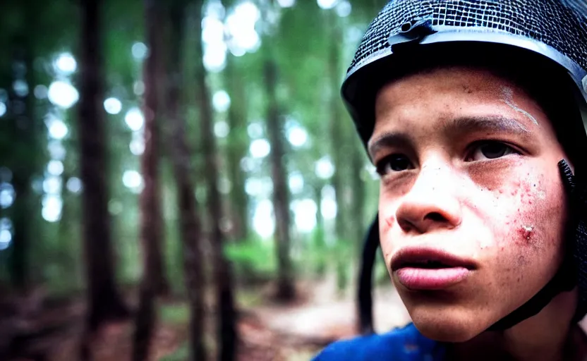 Image similar to cinestill 5 0 d candid photographic portrait by helen levitt of a mixed teen wearing rugged black mesh techwear riding on a dirtbike through a deep forest, extreme closeup, modern cyberpunk moody emotional cinematic, snow storm, 8 k, hd, high resolution, 3 5 mm, f / 3 2, ultra realistic faces, ex machina