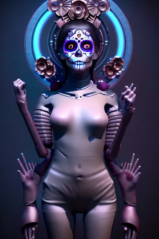 Image similar to ultra detailed female android deity, cinematic, 8 k, sci - fi movie!!, flowerpunk, sci - fi, fantasy, ( dia de los muertos ), asymmetrical,!! concept art, unreal engine, octane render, zbrush, art by artgerm and michael welan and alphonse mucha and loish and wlop