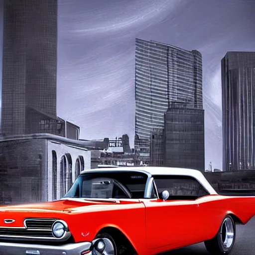 Image similar to beautiful digital painting of a 1 9 6 0 s muscle car fitted with a miniature fusion engine and rocket boosters. beautiful car. sports car. american muscle car. stunning photograph. urban backdrop