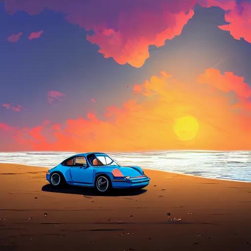 Image similar to beautiful, detailed digital painting of a porsche 9 1 1 on the beach and looking at the sunset, anime by makoto shinkai, sand, waves, trending on artstation