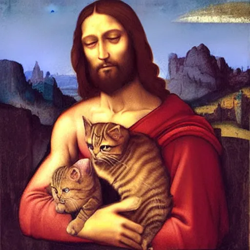 Image similar to jesus holding a cute cat, emotional, cute, powerful, digital art by leonardo da vinci