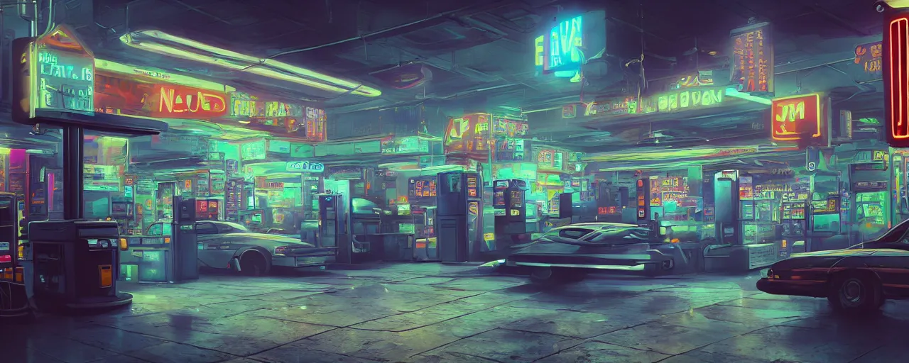 Image similar to a scene from the matrix that takes place in a gas station in the night time, vaporwave aesthetic, neon signs, superliminal 8 k uhd, unreal engine, octane render in the artstyle of finnian macmanus, john park and greg rutkowski