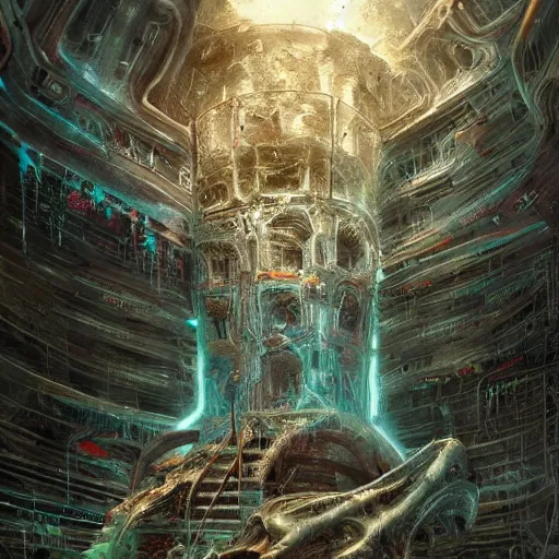 Image similar to abandoned alien temple made of circuits by raymond swanland, highly detailed, bright tones