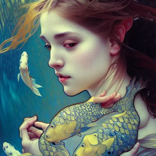 Image similar to Portrait of a girl surrounded by Koi fish, face, fantasy, intricate, elegant, highly detailed, digital painting, artstation, concept art, smooth, sharp focus, illustration, art by Heady Tale and Artem Demura and alphonse mucha