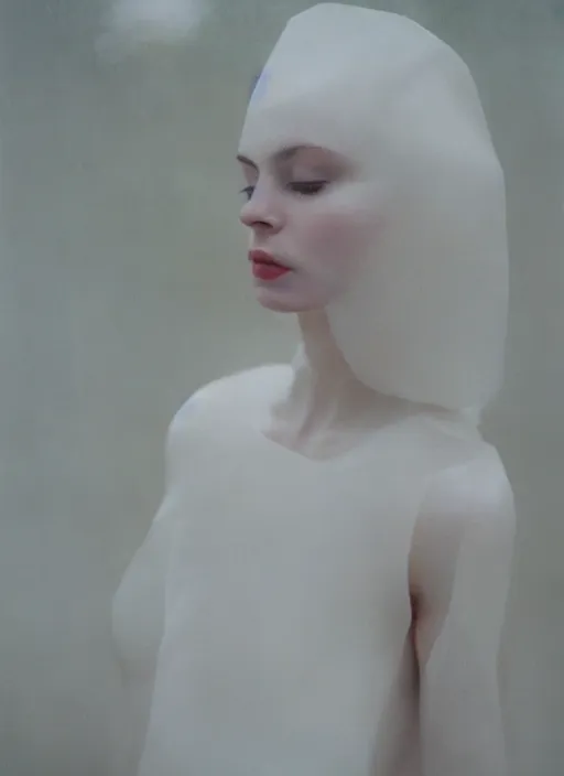 Prompt: out of focus photorealistic portrait of a beautiful aesthetic pale woman by saul leiter, behind a white latex sheet, very blurry, translucent white skin, closed eyes, foggy