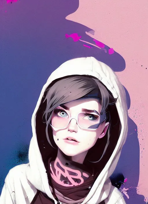 Image similar to highly detailed portrait of a urban punk lady student, blue eyes, hoodie, white hair by atey ghailan, by greg rutkowski, by greg tocchini, by james gilleard, by joe fenton, by kaethe butcher, gradient black, brown and pink color scheme, grunge aesthetic!!! ( ( graffiti tag wall background ) )