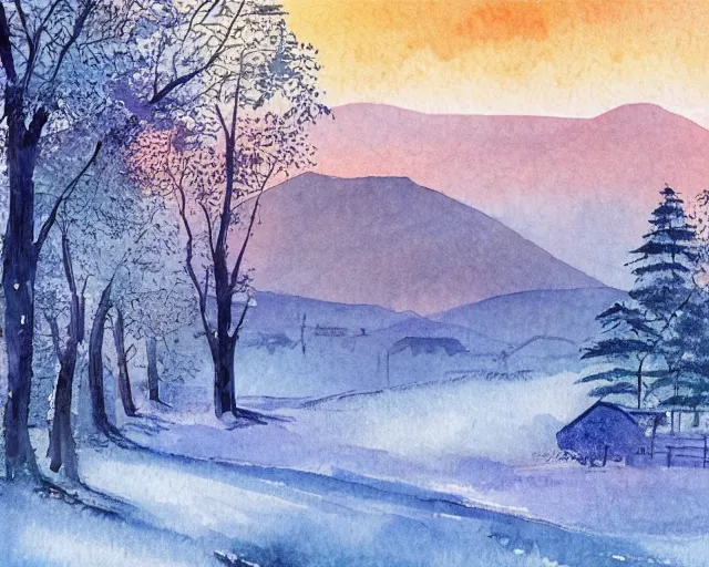 Prompt: countryside in japan, winter, trees, mountains, watercolor-wash