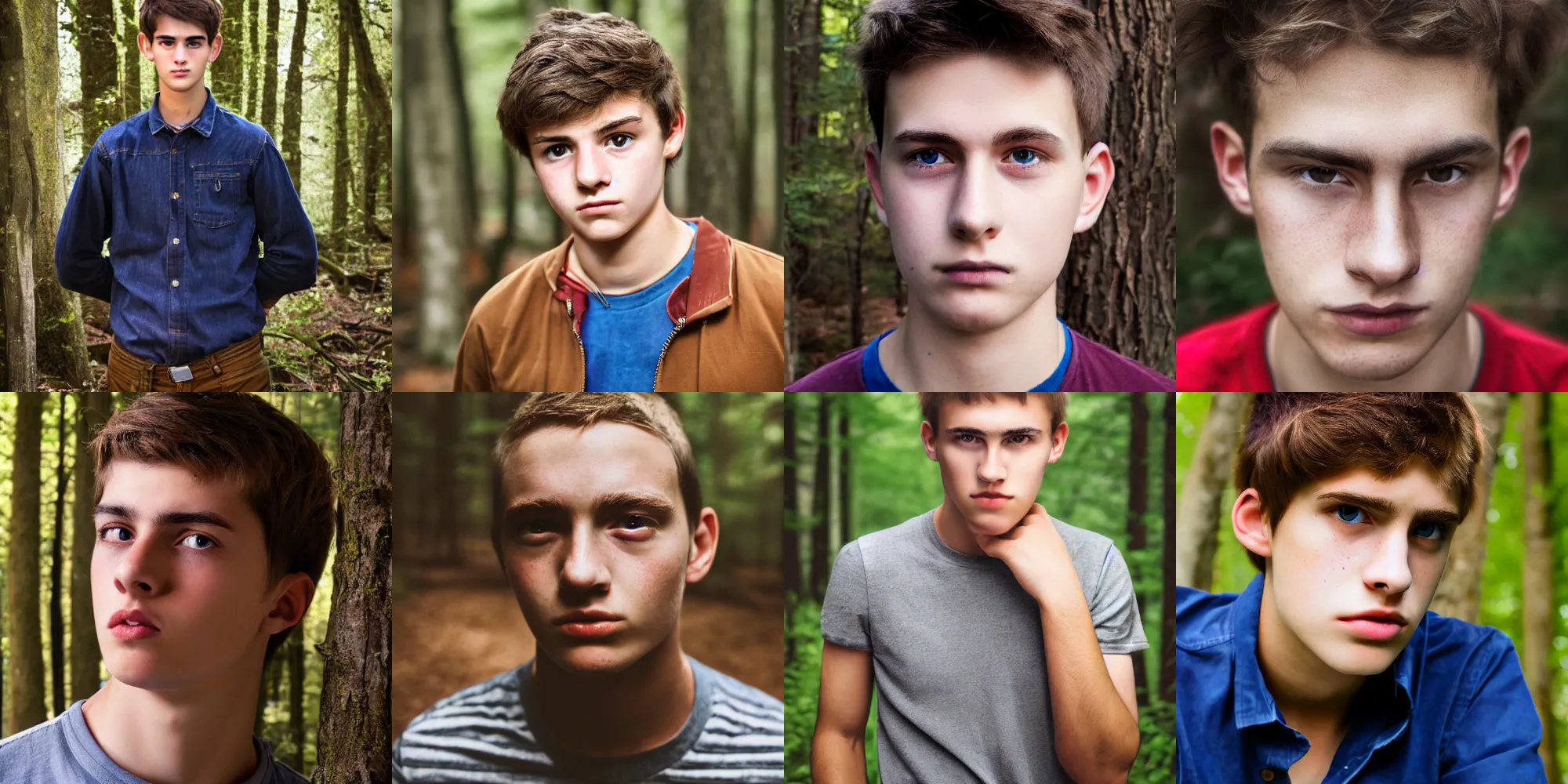 Prompt: portrait, male teenager, dark eyes, brown hair, thin eyebrows, red shirt, blue jeans, walking in forest, detailed face, realistic photo.