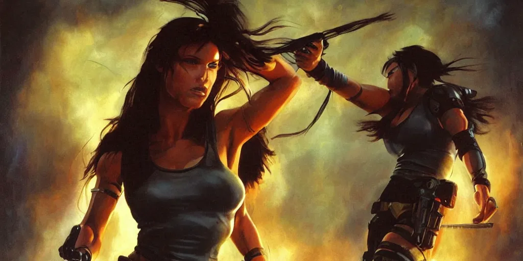 Image similar to an extremely aggressive android Lara Croft, glowing long hair, thunder clouds, painted by Peter Andrew Jones