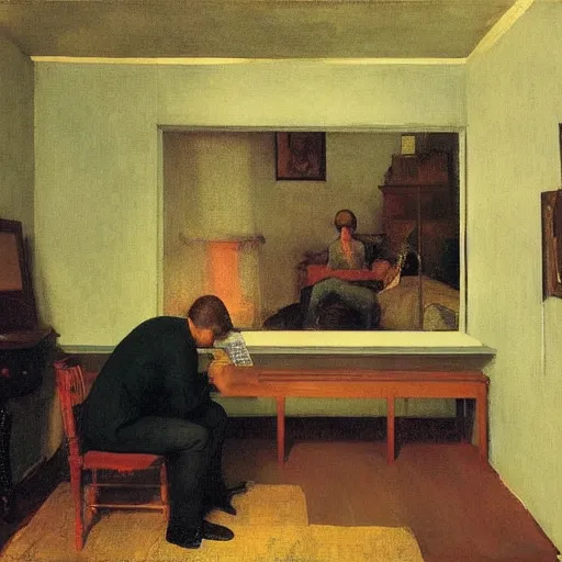 Prompt: some guy sitting in his small room looking at a computer screen. jamie wyeth greg rutkowski winslow homer thomas eakins lucian freud edward hopper j. m. w. turner edgar degas giorgio morandi peter doig oil painting