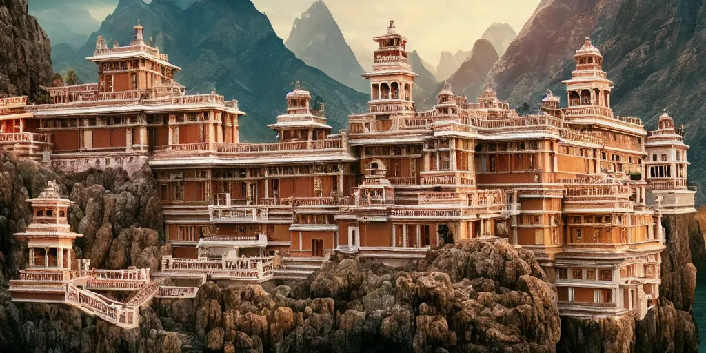 Image similar to a very high resolution image from a new movie, upside - down old temple, beautiful scenery, photorealistic, photography, directed by wes anderson