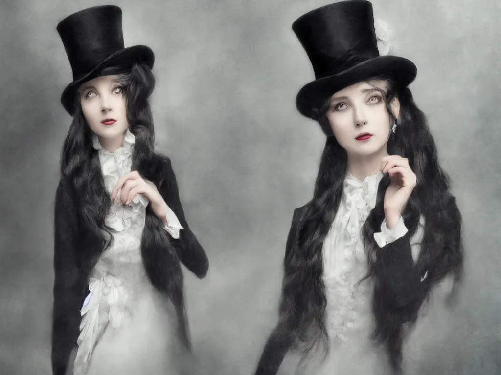 Image similar to Portrait of an elegant long haired lady wearing a gentleman suit and tophat in anime style，highly detailed, matte painting, noir, 70s, americana, photorealistic, ethereal ghostly atmosphere