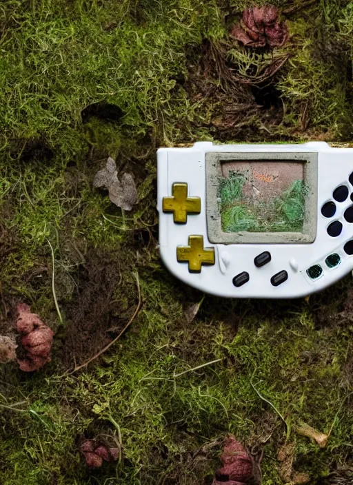 Prompt: Very high quality diorama of a single decaying and rotting Nintendo Gameboy console in a lush forest. there is grass and flowers growing from the Gameboy. Topdown view. 8K. Very Detailed. Studio Lighting.