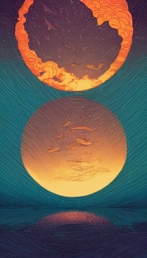 Image similar to sturgeon moon floating on cosmic maelstrom sunset sky, futurism, dan mumford, victo ngai, kilian eng, da vinci, josan gonzalez