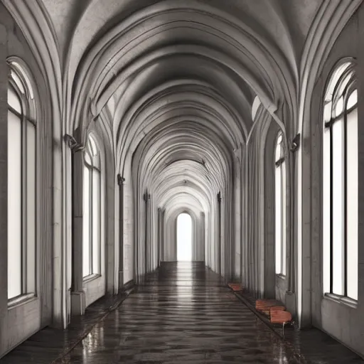 Prompt: a long ethereal asylum hallway, arched ceiling, one point perspective, vanishing point, symmetrical composition, rich colors, dramatic lighting, by lee madgwick, photorealistic, v - ray render 8 k uhd