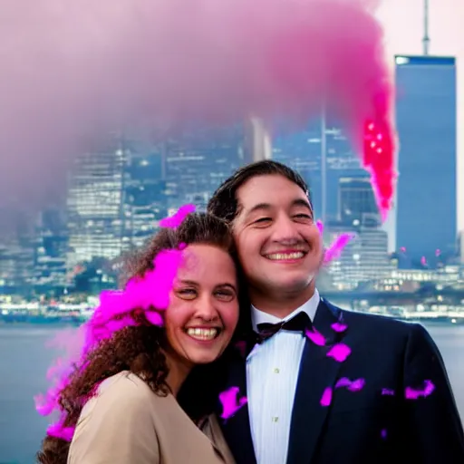 Image similar to a close up of a smiling couple of parents to be, in front of 9 / 1 1 with pink smoke, 1 2 0 mm, clear details, award winning