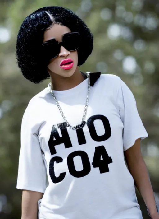 Image similar to film still of cardi b as eazy e in straight outta compton,