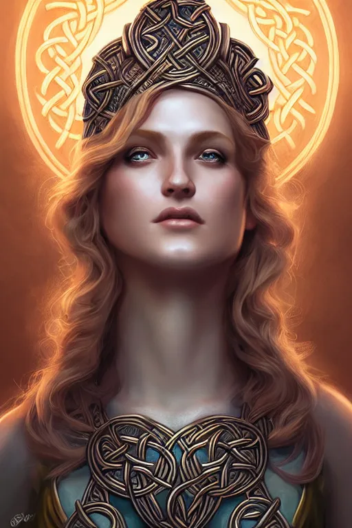 Image similar to portrait of celtic goddess Diana, middle shot, digital art, highly detailed, intricate, sharp focus, Trending on Artstation, HQ, unreal engine 5, 4K UHD image, by brom, loish, ross tran, artgerm