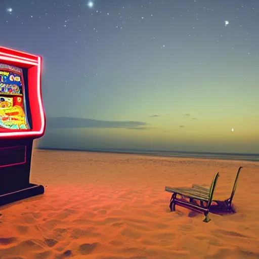 Prompt: a lovely arcade machine on the beach at night. photograph in the style of simon stalenhag