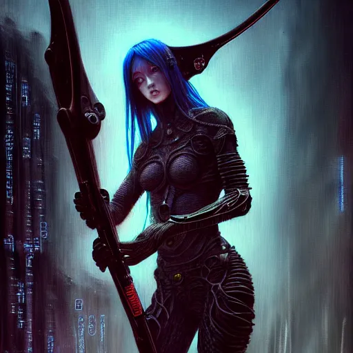 Image similar to a highly detailed long shot photo of cyberpunk female character by ayami kojima, elf, beksinski, giger, elf, wielding scythe, intricate, digital painting, artstation, concept art, smooth, sharp focus