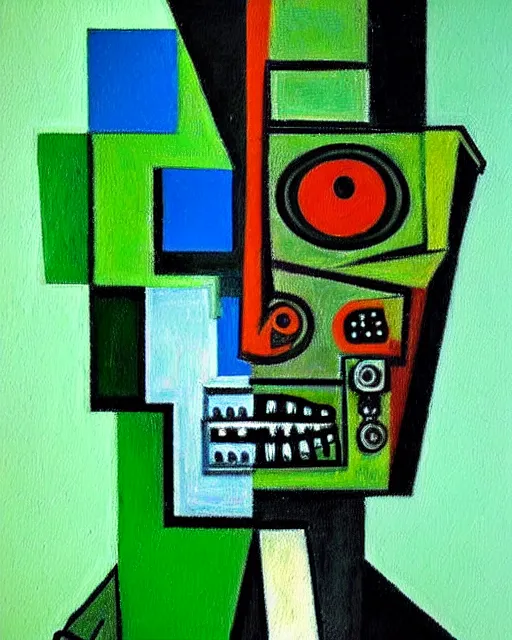 Prompt: detailed painting green cyberpunk mechanical robotic frankenstein monster from the 8 0 s vibe cubism painting by picasso