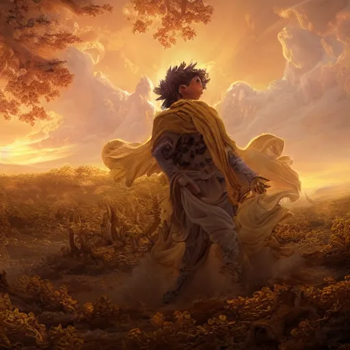 Image similar to A epic and beautiful rococo painting of a young arab boy covered in yellow cloth surrounded by wolves of ashes, standing before a desert of ashes. ultra-detailed. Anime, pixiv, UHD 8K CryEngine, octane render