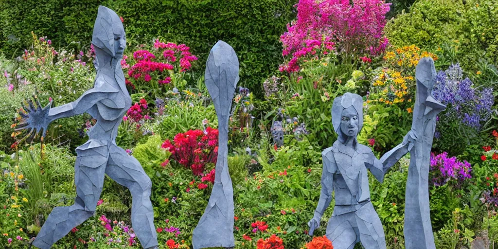 Prompt: folk art garden sculptures in an english cottage garden, cottagecore flower garden, concrete sculpture of a wyvern, colorful mosaic, sculpture by wouterina de raad!!!, art by james tellen, highly detailed, realistic anatomical proportions, textured hand built concrete sculpture, amazing concrete sculpture, 4 k