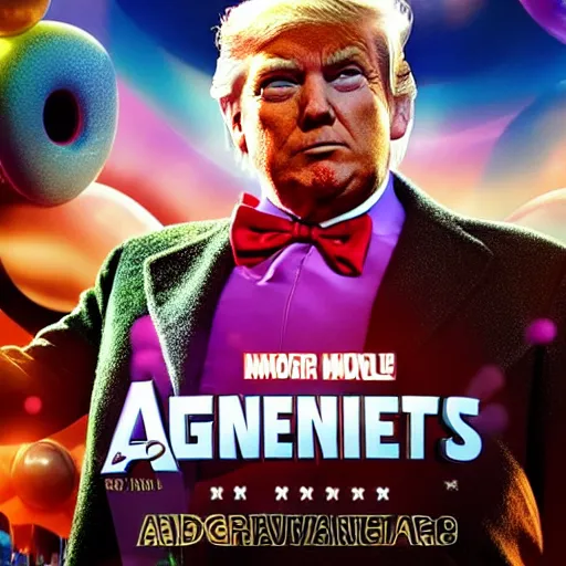 Image similar to donald trump as willy wonka in avengers movie, fantasy, splash art, avengers movie, movie still, detailed face, photorealistic facial features, cinematic lighting, dramatic, octane render, long lens, shallow depth of field, bokeh, anamorphic lens flare, 8 k, hyper detailed, 3 5 mm film grain