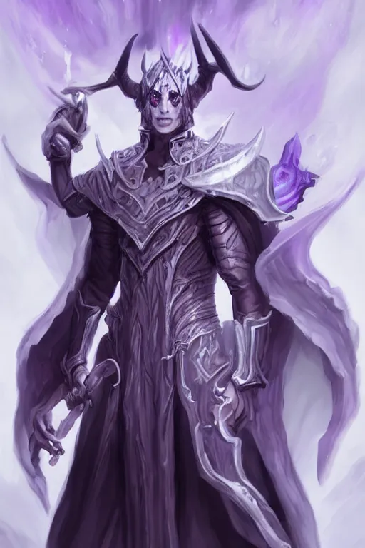 Prompt: man male demon, full body white purple cloak, warlock, character concept art, costume design, illustration, black eyes, white horns, trending on artstation, Artgerm