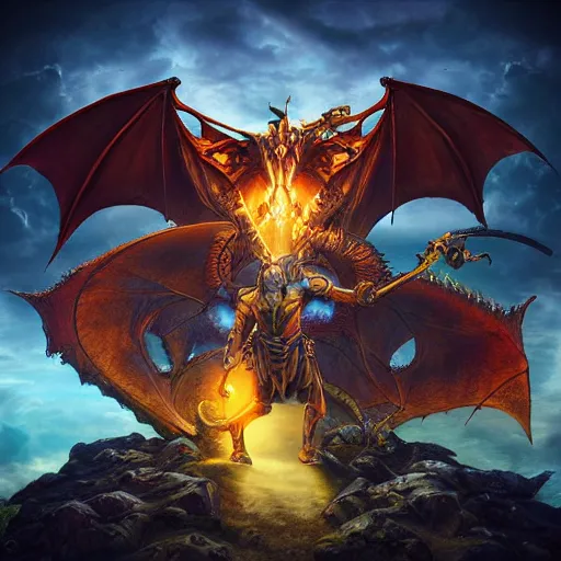 Image similar to power metal album cover, dragons, magix, swords, fantasy epic legends game icon stylized digital illustration radiating a glowing aura global illumination ray tracing hdr fanart arstation by ian pesty and katarzyna da „ bek - chmiel