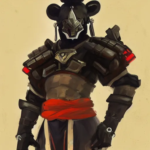 Image similar to greg manchess portrait painting of anthropomorphic asian black bear in samurai armor as overwatch character, medium shot, asymmetrical, profile picture, organic painting, matte painting, bold shapes, hard edges, street art, trending on artstation, by huang guangjian and gil elvgren and sachin teng