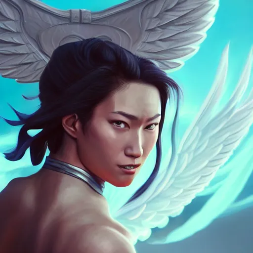 Image similar to 3 / 4 view of a portrait of a fighter woman with wings with wings, confident pose, genshin impact, digital art,, concept art, smooth, sharp focus, illustration, trending on artstation, highly detailed, concept art, trevor carlton, mickey demeo, trending on artstation, anime imax 7 0 mm, h 6 4 0