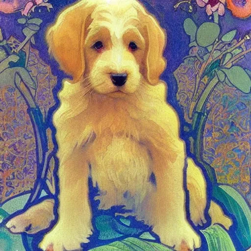 Image similar to cute, pop art style blonde bernedoodle, watercolor painting, by alphonse mucha and william morris