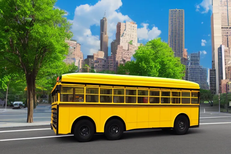Prompt: Yellow school bus, driving towards a red japanese Torii gate, New York location in USA, ray tracing, high detail, 4K