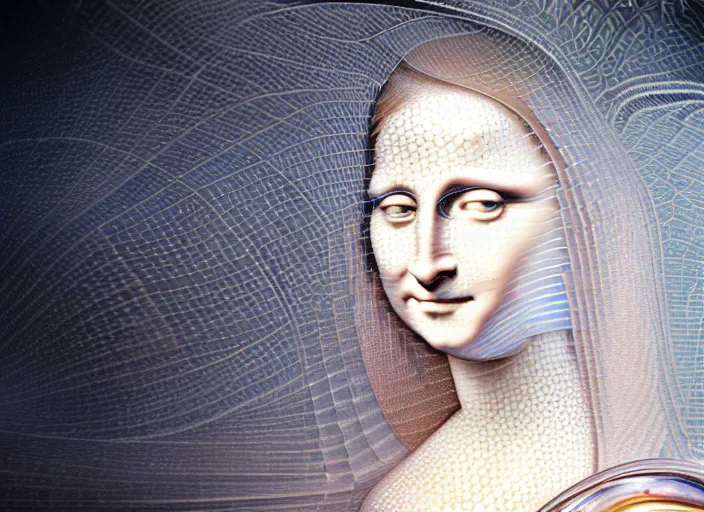 Image similar to hybrid biomechanical mona lisa, white pearlescent, chrome, iridescent metals, liquid gold, biomechanical garment, cinematic, crystalline masterpiece diamond incrustations, hyperdetailed metalwork, in volumetric soft glowing mist by erik johansson full frame mirrorless sensor, movie still, octane render, pixar, crepuscular rays,