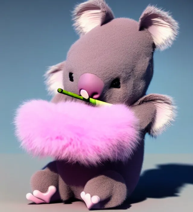 Image similar to high quality 3 d render hyperrealistic very cute small pink koala smoking weed joint, rising smoke, plush mascot, short spiky dense fluffy smooth hair, photo from the side, pink fluffy fur, 1 5 0 mm, beautiful natural soft light, rim light, vray, smooth background, artstation, ultra detailed