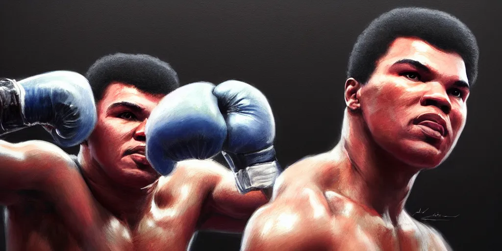 Prompt: portrait of muhammad ali in boxing ring, extremely detailed digital painting, in the style of fenghua zhong and ruan jia and jeremy lipking and peter mohrbacher, mystical colors, rim light, beautiful lighting, 8 k, stunning scene, raytracing, octane, trending on artstation