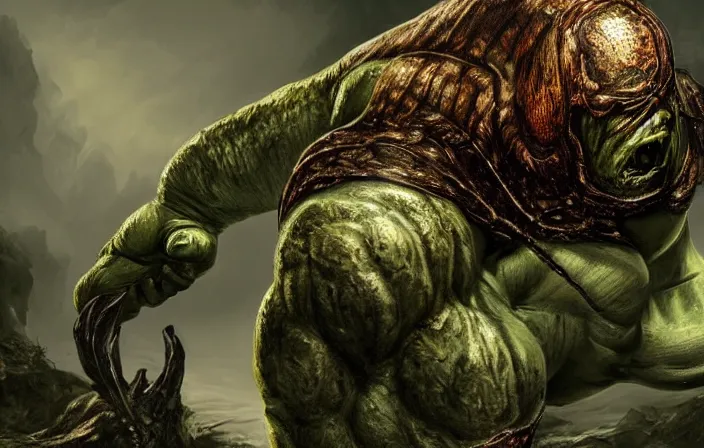 Image similar to elden ring, dark souls, strong humanoid turtle monster, hulk, photorealistic, grimdark, gruesome, full height, front view, golden ratio