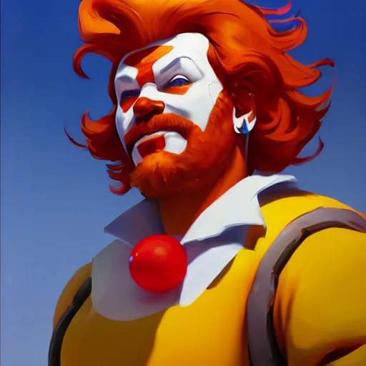 Image similar to greg manchess portrait painting of ronald mcdonald as overwatch character, medium shot, asymmetrical, profile picture, organic painting, sunny day, matte painting, bold shapes, hard edges, street art, trending on artstation, by huang guangjian and gil elvgren and sachin teng