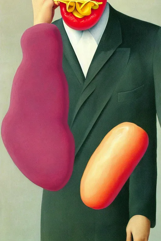 Image similar to Rene Magritte's Son Of Man painting with a floating pink hotdog blocking the face, the hotdog has a stem and leaves and is growing more unripe hotdogs on the hotdog vine