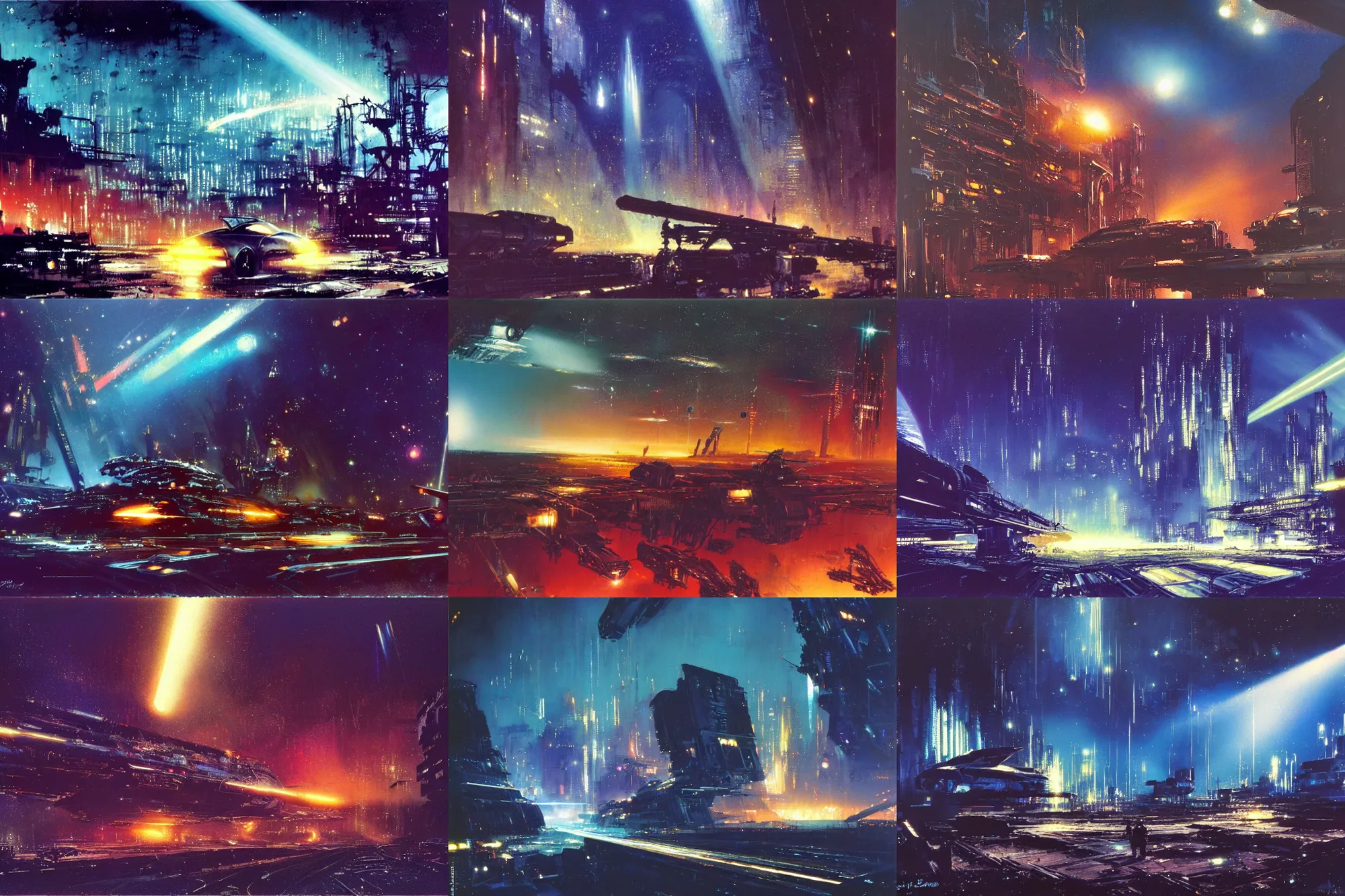 Prompt: C-beams glittering in the dark near the Tannhäuser Gate by john harris and john berkey, matte, masterpiece, atmospheric, wide angle shot